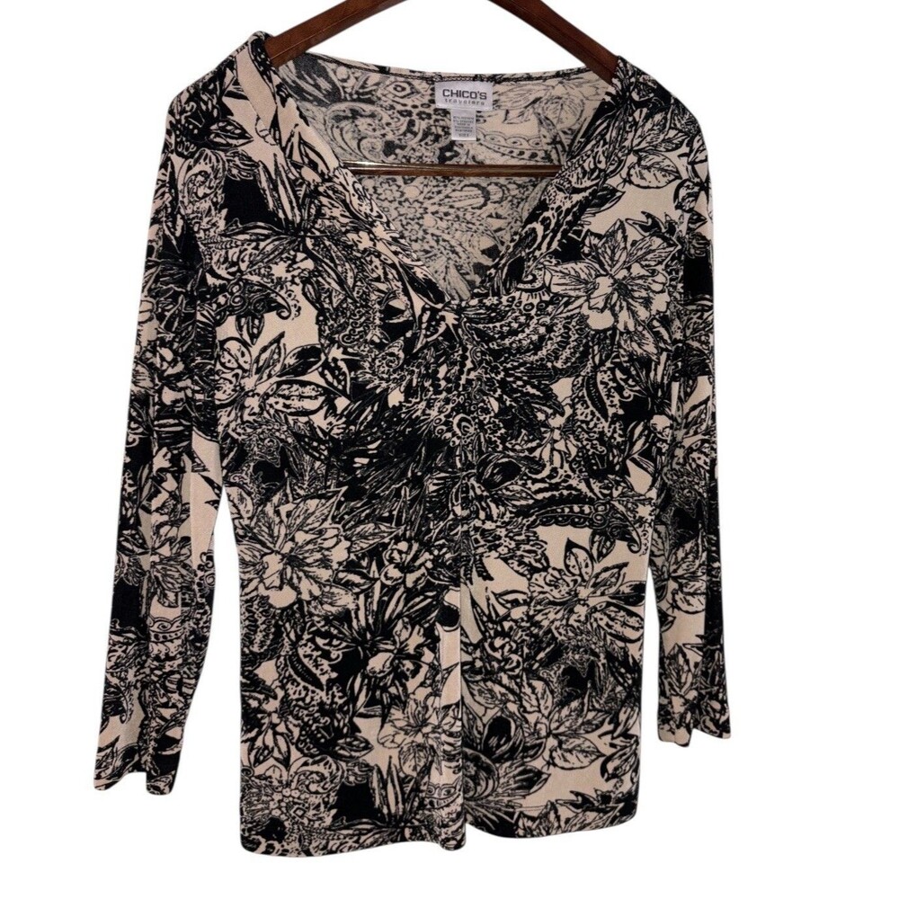 Chico's Floral Blouse Size 0 Women’s Small Neutral Black Tan Stretch 3/4 Sleeve